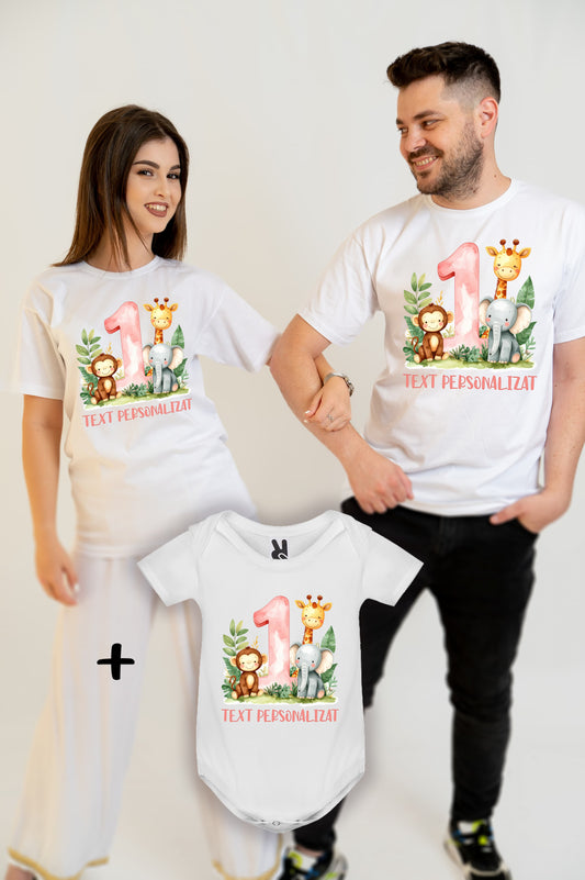 Set tricouri familie personalizate 1 an – aniversare, botez și taiere mot - roz