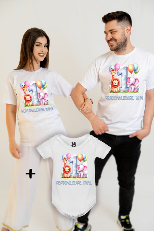 Set tricouri familie personalizate 1 an – aniversare și taiere mot - albastru