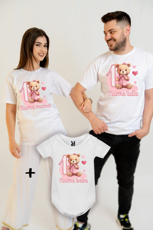 Set familie tricouri personalizate „1 an” fetita – ursulet