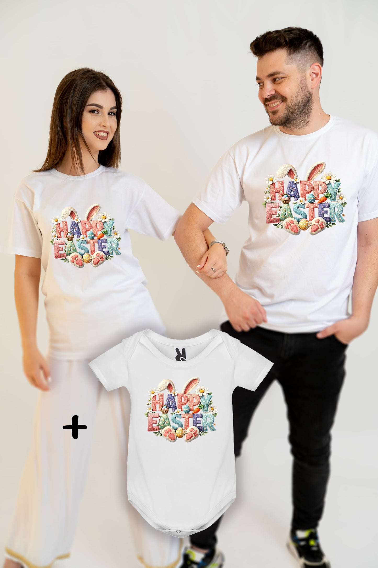Set tricouri familie Happy Easter – mama, tata și bebe (matching Paște)