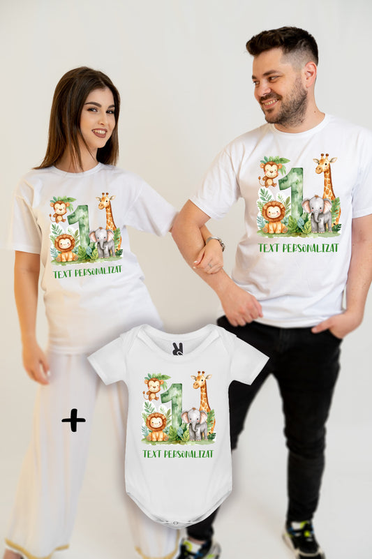 Set tricouri familie personalizate 1 an Safari – aniversare și taiere mot - verde